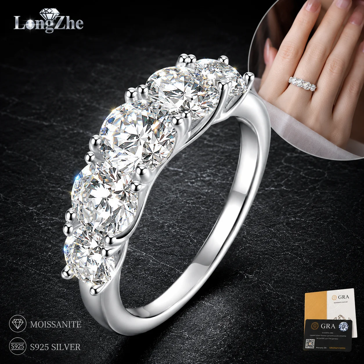 

S925 Sterling Silver Moissanite Galaxy Ring 4mm Round Cut Half Eternity Band Stackable Wedding Fine Jewelry Gift for Women