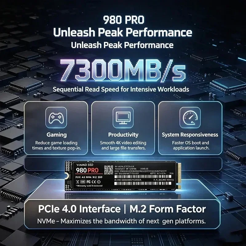 PCIe 4.0 x4 NVMe M.2 2280 SSD 980 PRO 3D TLC High Speed Low Power Storage 2TB-4TB Upgrade for PS5 Gaming Desktop PC