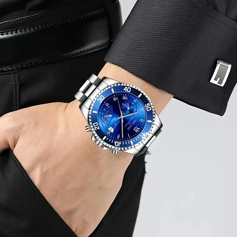 Mens Fashion Watches Luxury Sliver Stainless Steel Quartz Wrist Watch Man Business Casual Watch for Men Calendar Luminous Clock