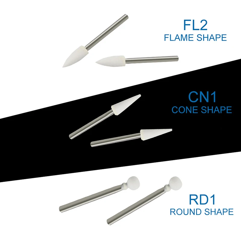 12 قطعة/الحزمة لهب الأسنان مخروط جولة الحجر الأبيض الملمع الأزيز لتلميع عيادة الأسنان المعادن الراتنج الخزف FL2 CN1 RD1