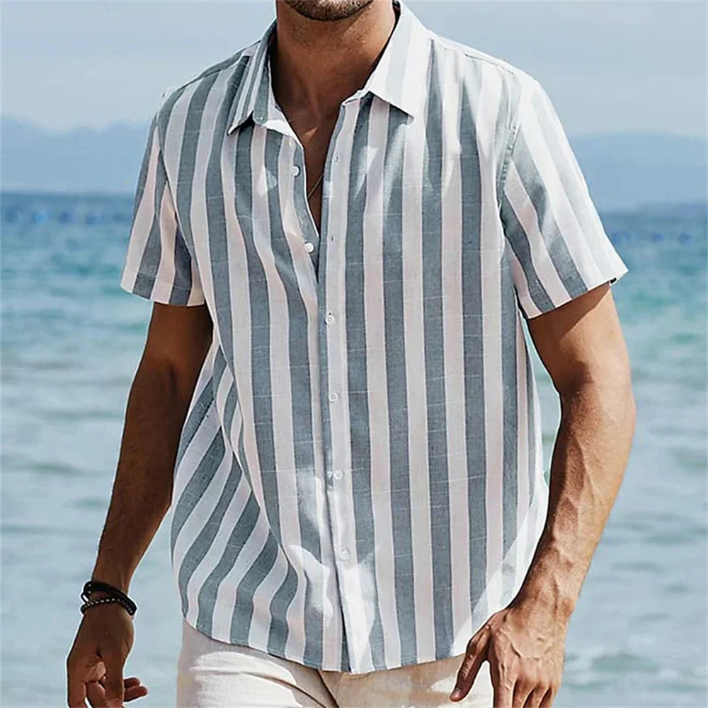 Summer men's hot selling retro striped 3D printed short sleeved shirts for leisure vacation parties, high-quality men's clothing