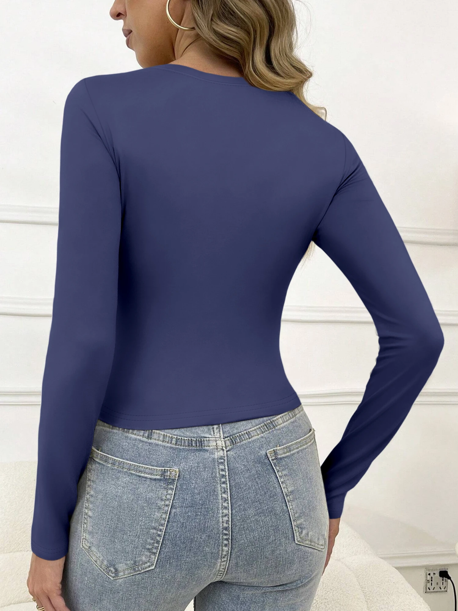 Stretch Slim Cropped Long Sleeve Base Top, Layer Friendly Shirt for All Season Matching