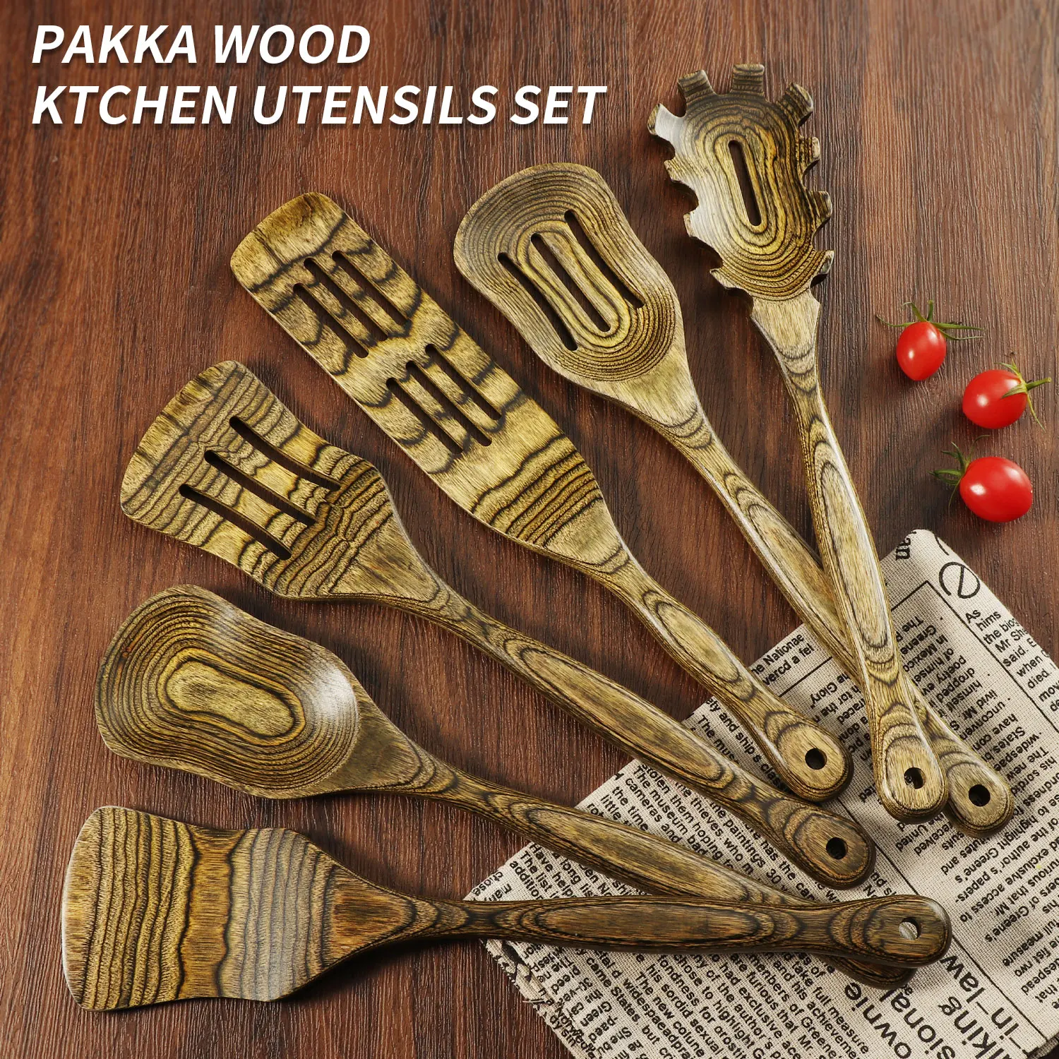 ﻿ 6pcs Kitchen Utensils Set Wooden, Pakkawood Cooking Spoon Set Slotted Spatula Cookware Wooden Turner Utensil Tools