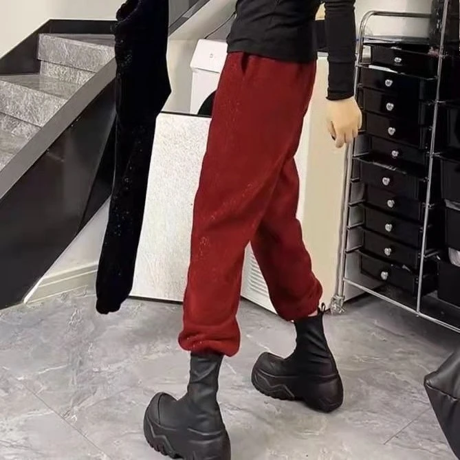 New Year 2026 Women Red Shiny Corduroy Fleece Pants Maillard Style Elastic Cuffed Chic Versatile Joggers New