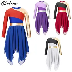 Kids Girls Lyrical Christian Worship Dance Tunic Dress Metallic Color Block Praise Dance Dress Ballerina Costume