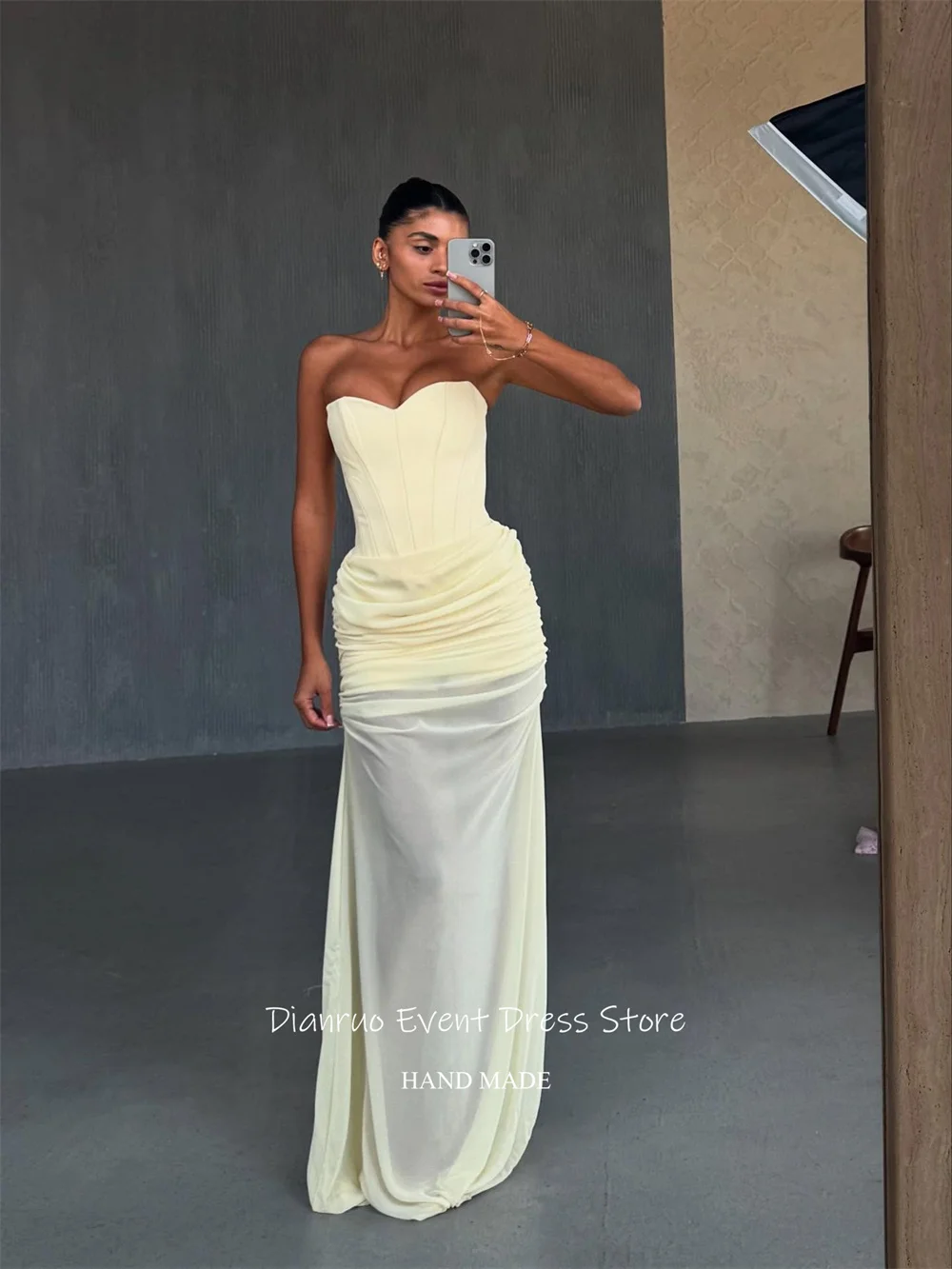 Dianruo الوهم فساتين سهرة بدون أكمام Ruched على شكل قلب ماكسي رداء حفلات شيفون رشيقة فيستدوس فورماليس مخصص