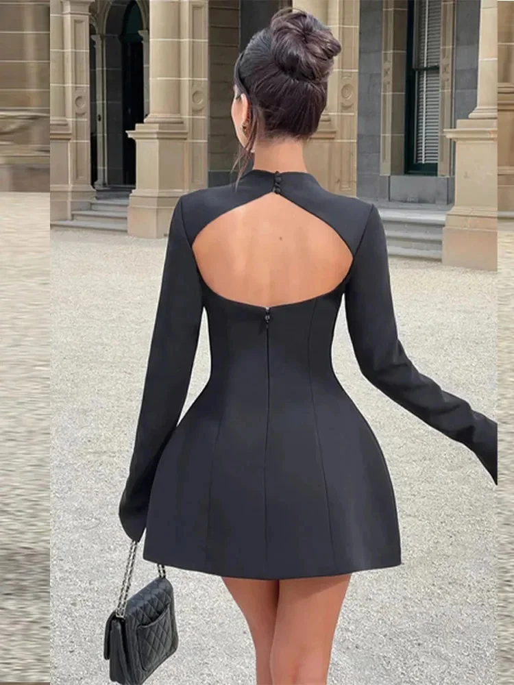 

Elegant Solid Backless Flare Long Sleeve Mini Dress Women High Waist Bodycon A-line Dresses 2024 New Fashion Street Party Robes