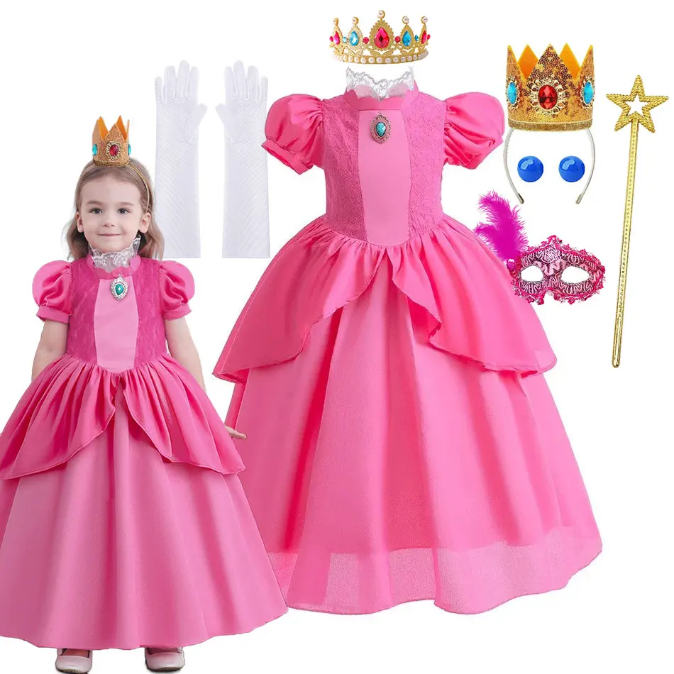 Classic Video Game Role Peach Film Cosplay Dress for Little Girls Comic Con Peach Ball Gown Lace Frock Kids Halloween Apparel