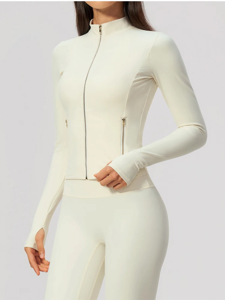 VITALINOVO Damen-Sportjacken mit goldenem Reißverschluss, leicht, mit Daumenlöchern, schmale Passform, für Workout, Laufen, mit Reißverschluss – Detail 3