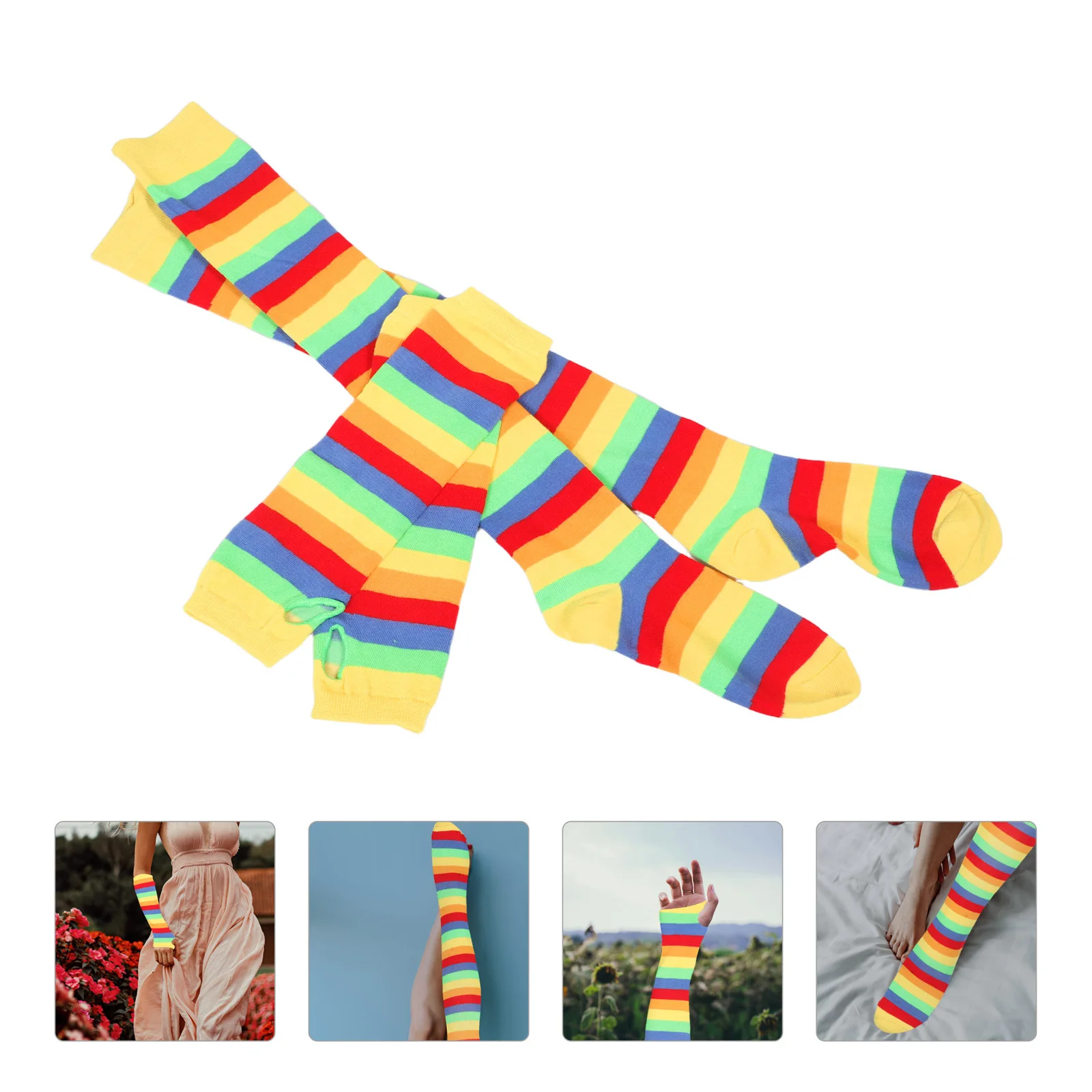 

Striped Long Socks Gloves Set Colorful Breathable Halloween Party Dress Up Cosplay Accessories Fingerless Arm Warmers Leg