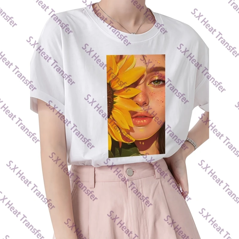 26cm Abstract Flower Heat Transfer Stickers Art Girl Butterfly Iron On Washable Thermal Patches For T-shirt Hoodie Clothing DIY