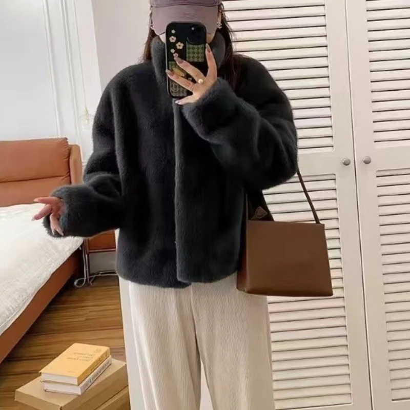 Women Fashion Stand Collar Mink Fur Top Female Long Sleeves Fox Jacket Autumn and Winter Lady Short Leather Fur Outwear