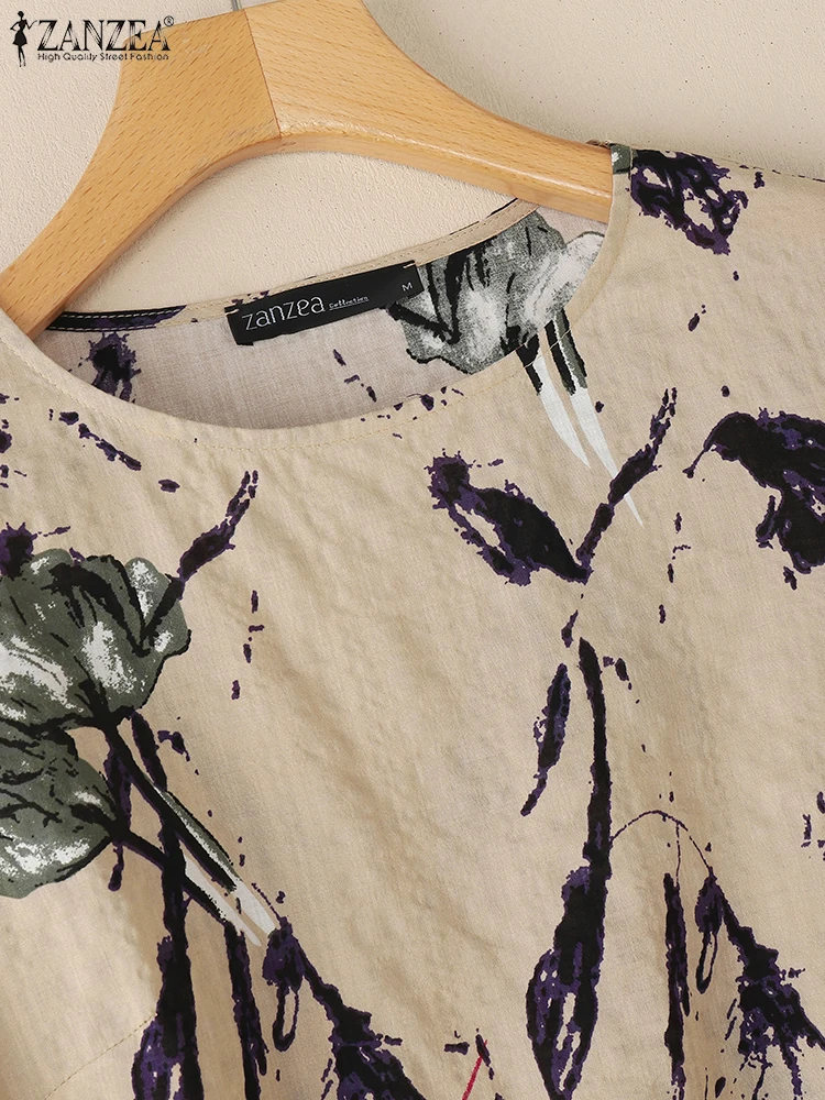 ZANZEA Koszulki z mieszanki bawełny w stylu vintage z kwiatowym nadrukiem 2025 Letnie bluzki z półrękawkiem i dekoltem w kształcie litery O na co dzień Lekkie koszulki