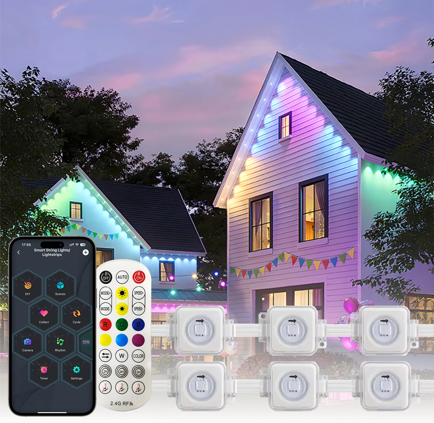 

300FT Permanent Outdoor Eaves Light RGB IC Intelligent Eaves Light With APP/Remote Control IP67 Waterproof Outdoor String Light