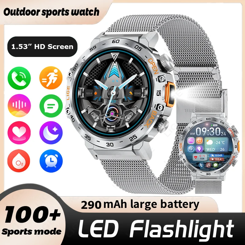 

LIGE 1.53 Inch Bluetooth Call Smartwatch LED Flashlight Outdoor Men Sports Fitness Smart Watch Health Monitor For Android IOS