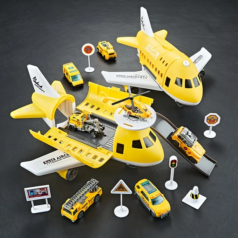 Avión de juguete para niños, modelo de avión inercial, equipado con 6 señales de carretera al azar, 3 coches, 1 helicóptero, regalo de Navidad