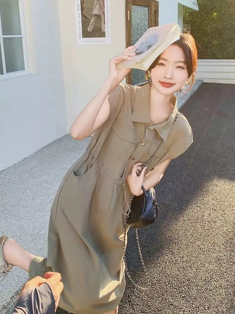 

Slimming plus Size Korean Style Commute Shirt Dress Women's 300 Pounds Summer Elegance Casual High Waist A-Line Dress