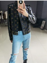 2023 Coat Winter Sheepskin New Rivet Hollowed Out Leather Jacket Women's Short Superior Quality Long Sleeve Top y2k XL