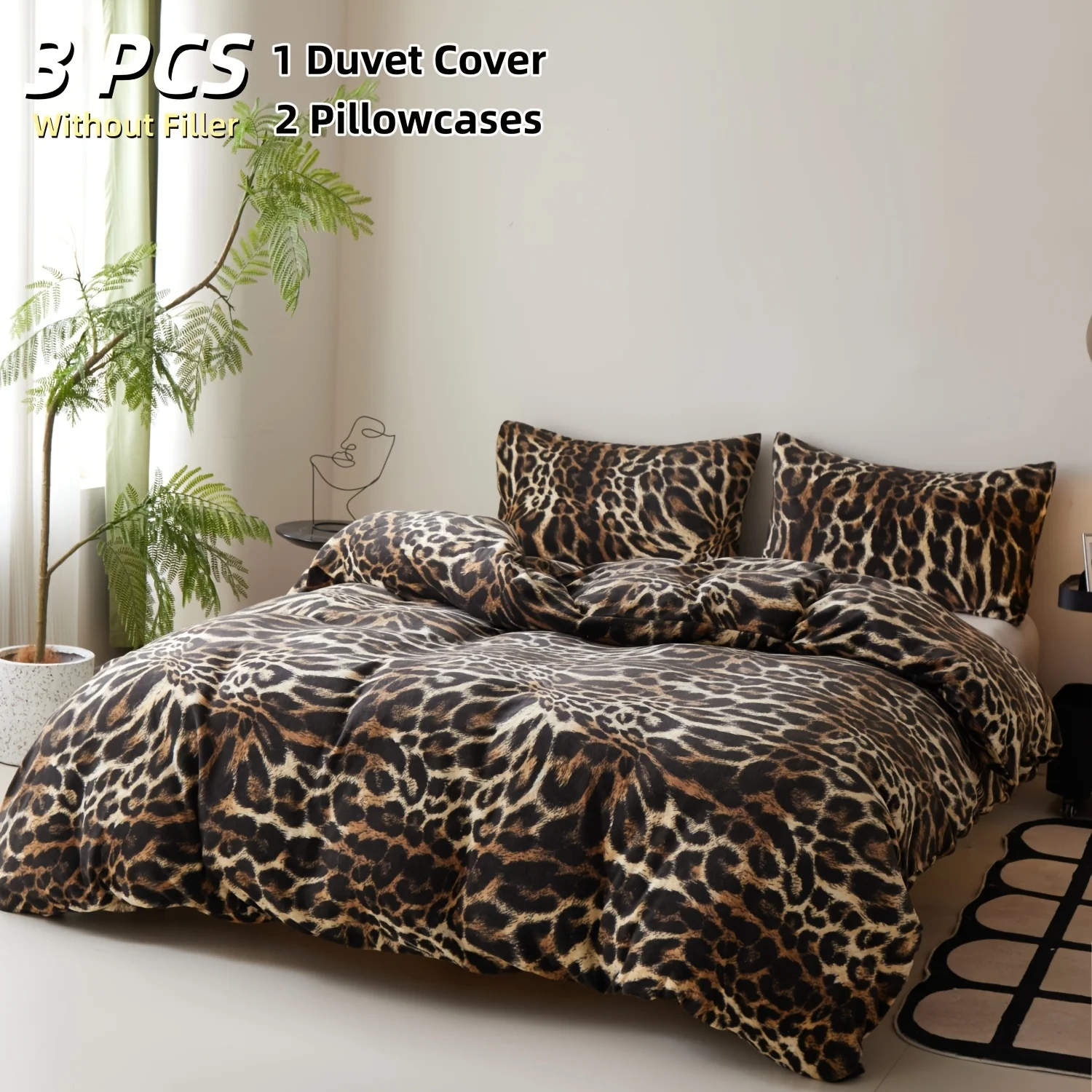 Leopard Print Three-Piece Duvet Cover Set, Vintage Animal Print Milk Velvet Bedding, Duvet Cover Set Without Duvet Insert, 3-Piece Set for Home, Machine Washable Double Bed Bedding Set, Winter Warm Quilt Cover, Pillowcase (1 Duvet Cover Does Not Include Duvet Insert, 2 Pillowcases Do Not Include Pillow Inserts)