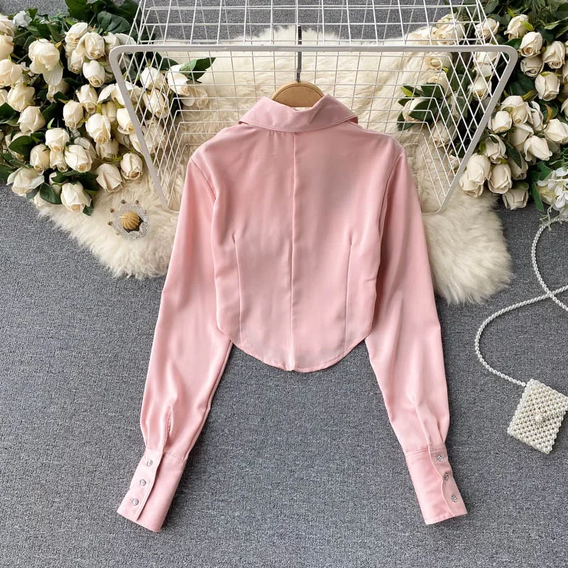 French Irregular Satin Shirt Women\'s Spring Autumn 2022 Chic Slim Long Sleeve Short Embroidered Cropped Navel Chiffon Top