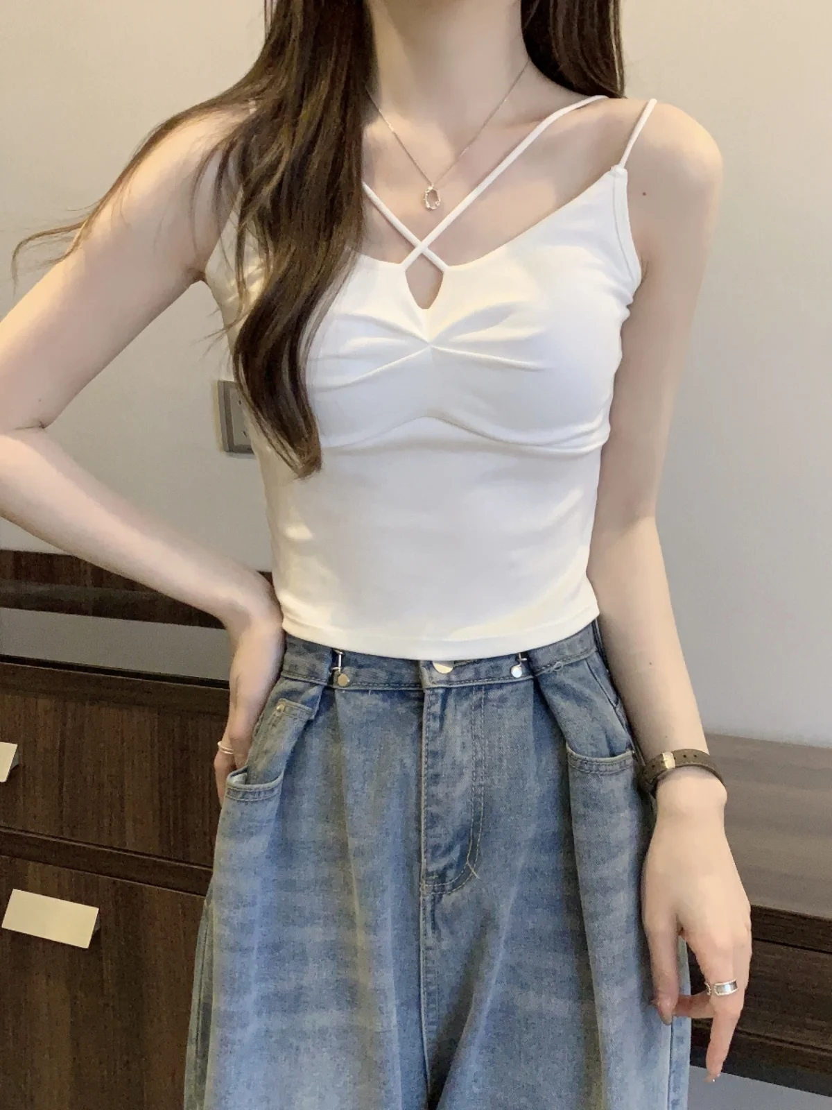 Unique Pink Vest Top Women's Inner Wear with Chest Pad Integrated Summer Outdoor Sweet Spicy Pure Desire Style Casual Wear