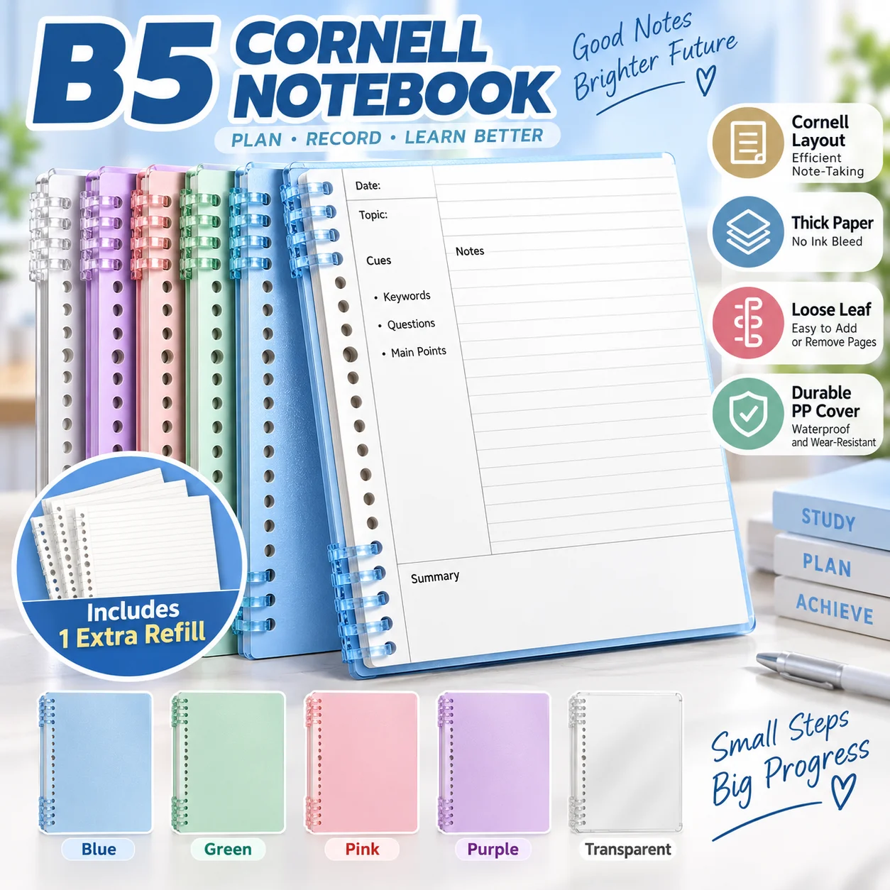 B5 Refillable Cornell Notebook 120 Pages Loose Leaf Thick Paper Five Pastel Colors Study Notes Journal For School Students