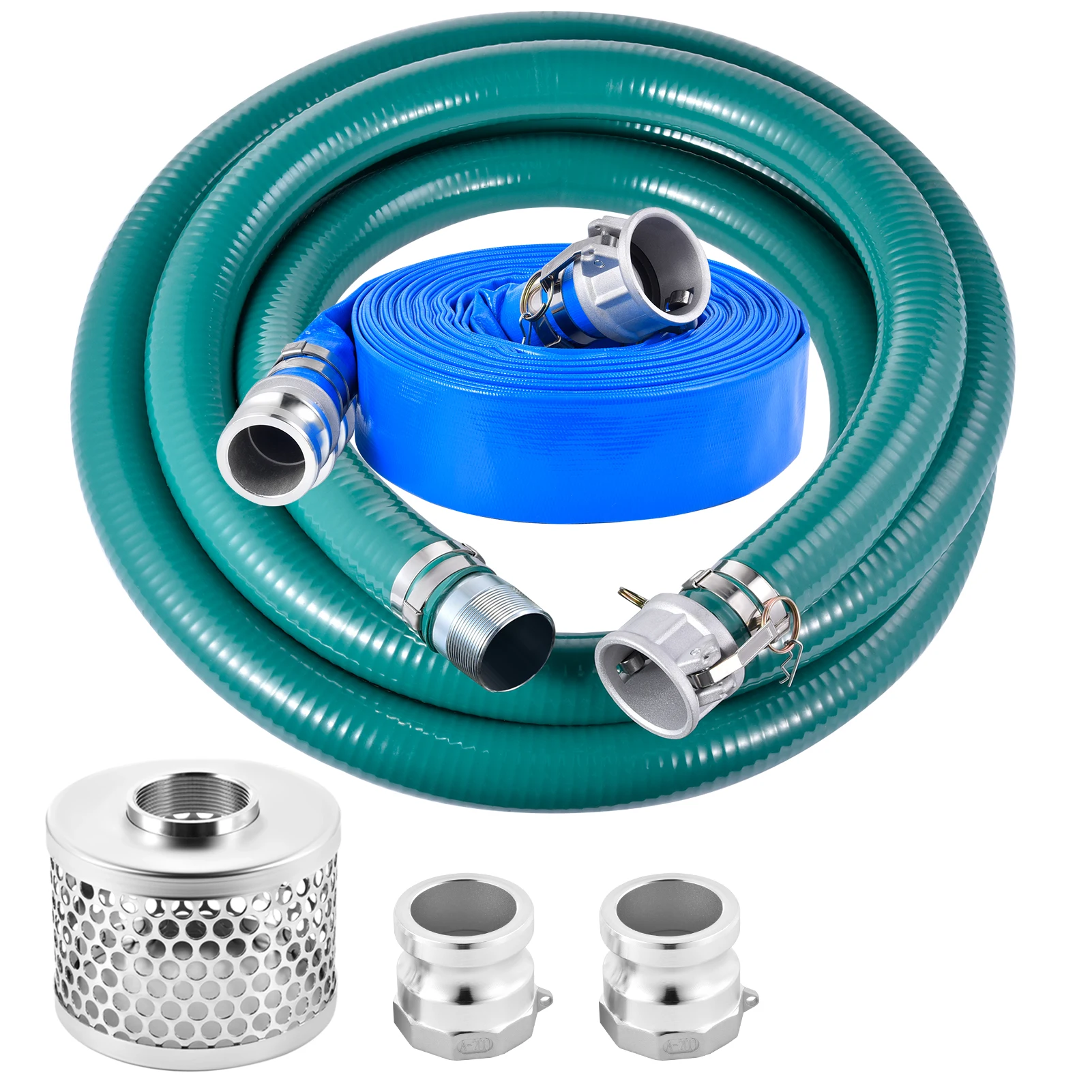Heavy Duty Suction Hose Pump Kit, 2 Inch X 65FT Blue PVC Discharge Hose with 20FT Green Steel Hose Suction Hose, Steel Round Hole Suction Strainer, Aluminum Camlock Fittings, Cam and Groove Adapter for Water Transfer, Irrigation and Drainage