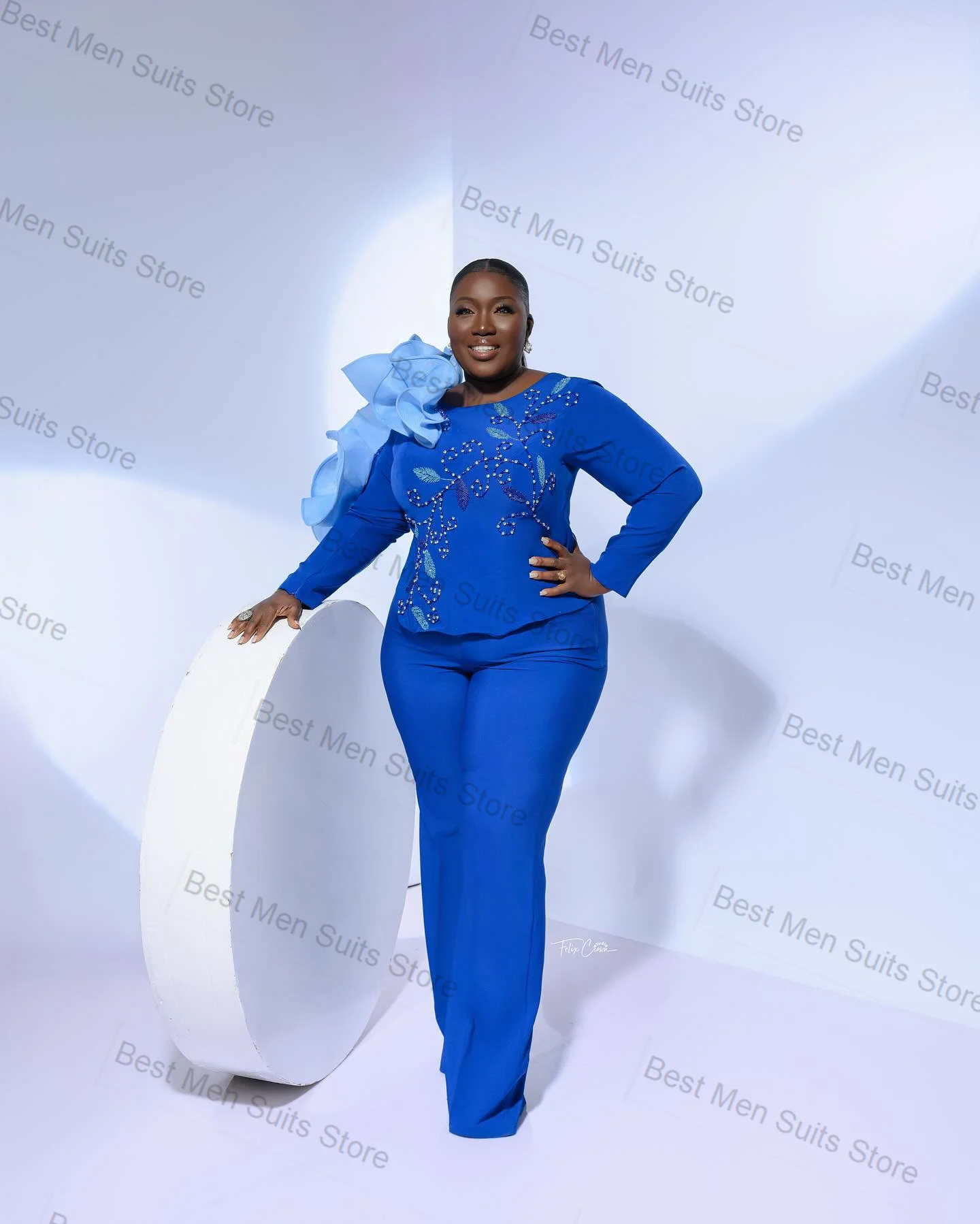 

Royal Blue Women Suit Pants Set 2 Piece Blazer+Straight Trousers Beaded Flower Formal Office Jacket Customized Wedding Coat