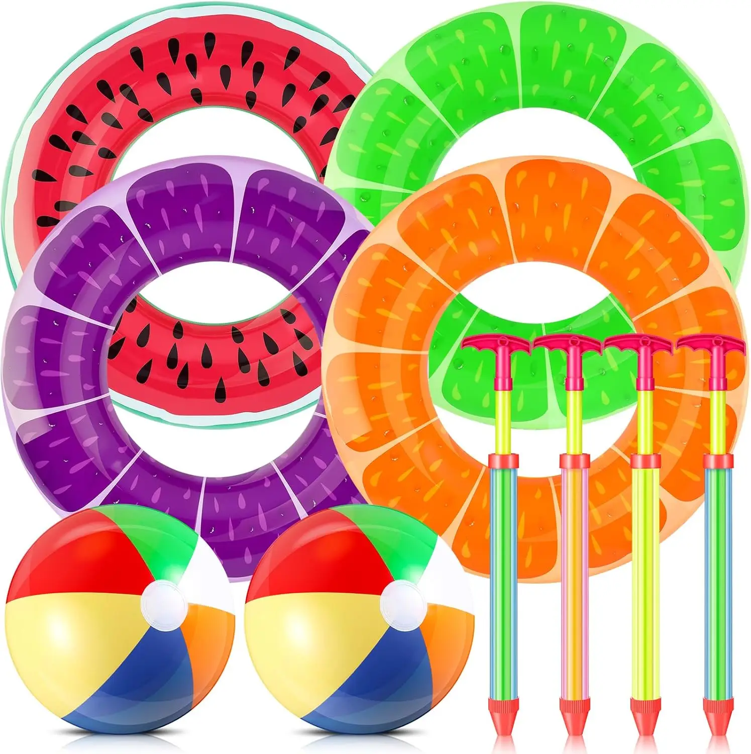 

10 Pcs Beach Pool Party Favors 4 Fruit Pool Floats 4 Water Guns 2 Beach Balls Beach Swimming Inflatable Pool Float Swimming Ring