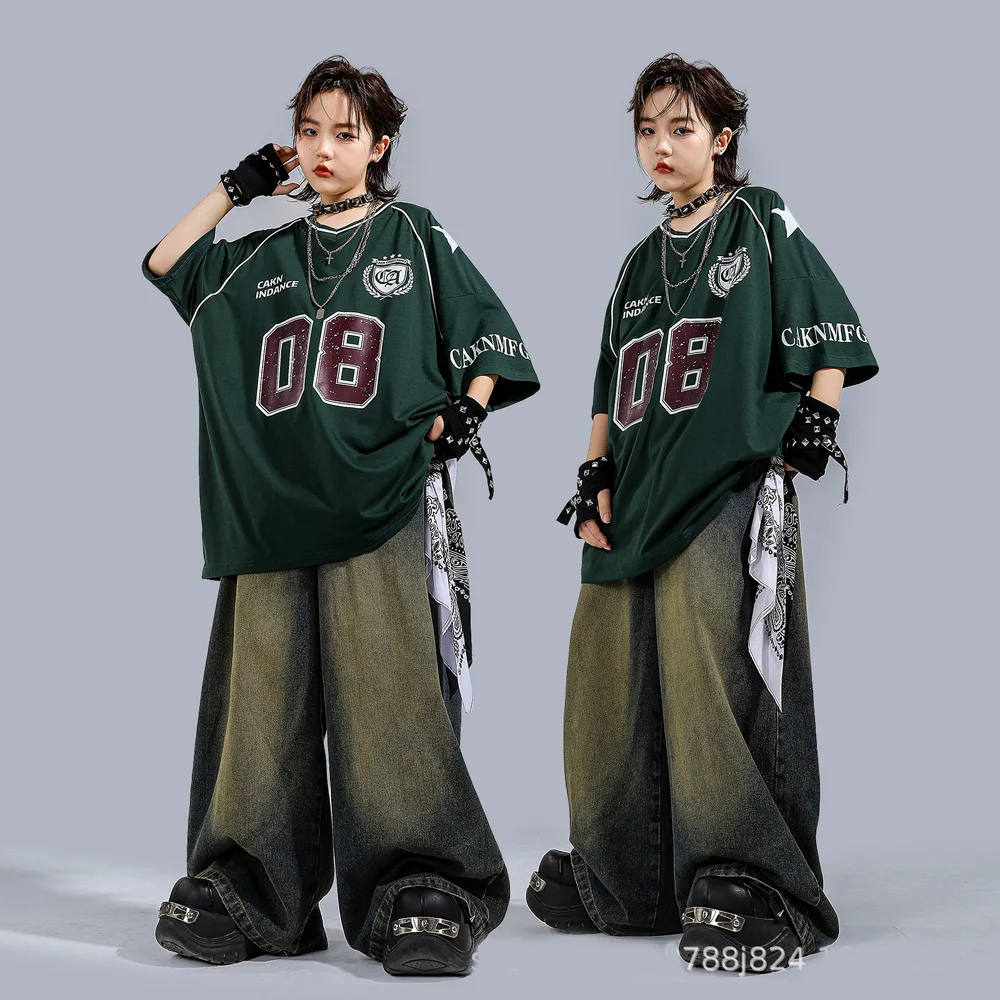 Children Boys Gilrs Streetwear Hip Hop Jazz Sport Short Sleeve T-shirt Denim Jeans Pants Sets Kids Tracksuits Stage Clothes