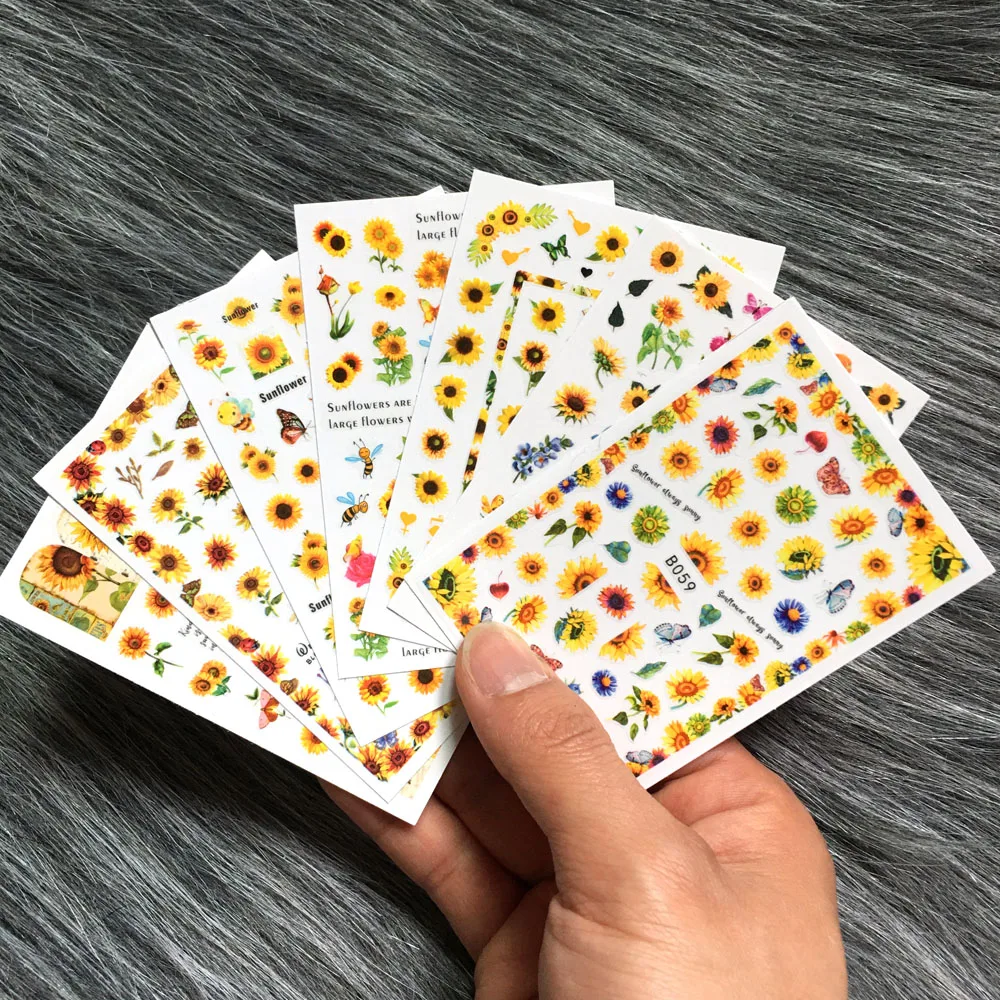 1 pçs 3d girassol adesivos de unhas auto-adesivo sol flor abelha borboleta pétalas manicure decorações da arte do prego decalques slider