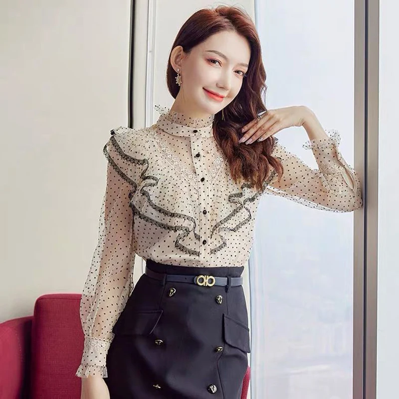 

Elegant Stand Collar Ruffles Lace Polka Dot Chiffon Shirts Women Clothing Spring Summer New Loose Office Lady Tops Chic Blouses