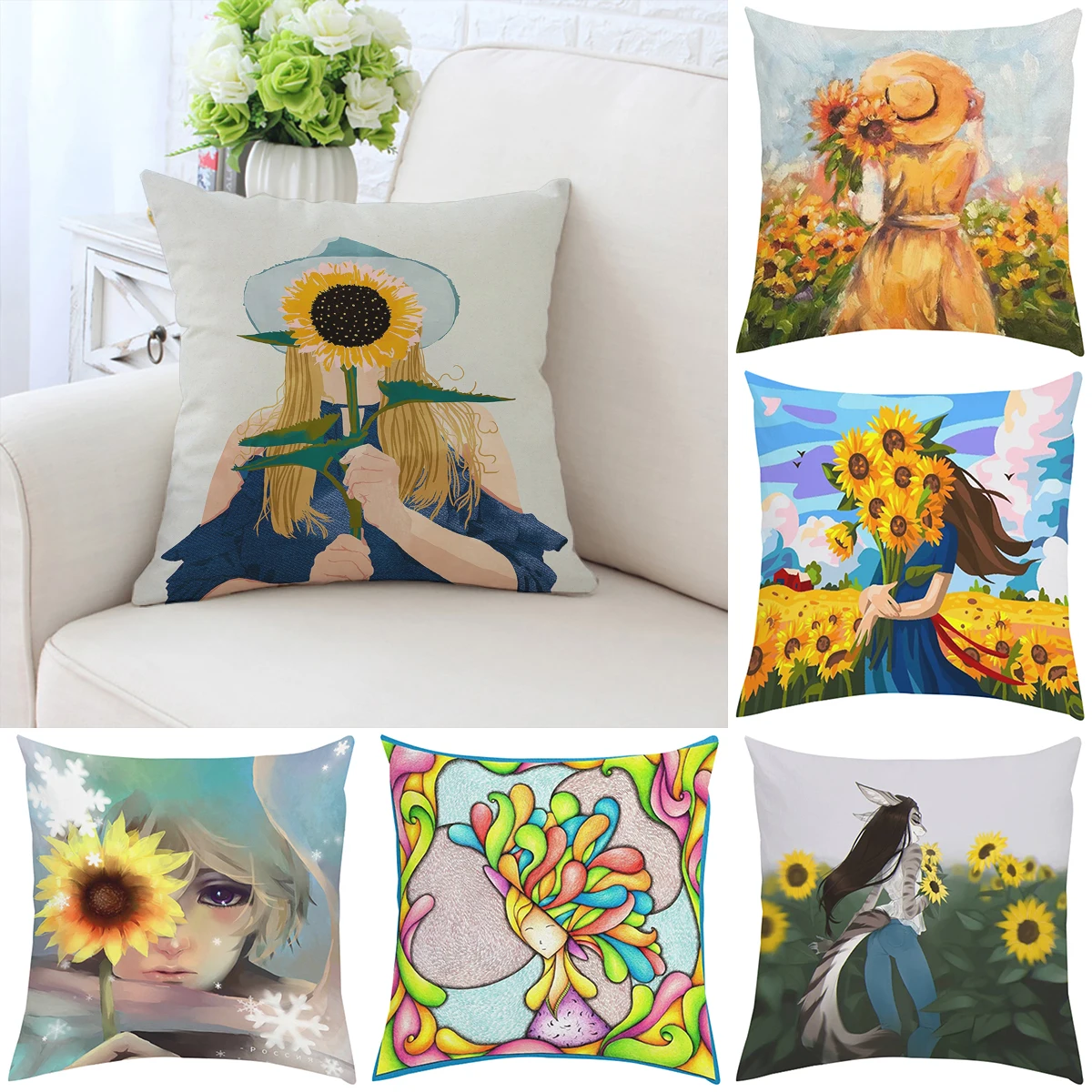 

45x45cm Pillowcase European And American Style Finnish Sunflower Art Double-Sided Printed Sofa Cushion Cover Chair Cushion