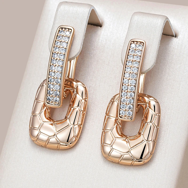 Kinel Fashion 585 Rose Gold Color Glossy Big Drop Earrings For Women Full White Natural Zircon Elegant Daily Fine Jewelry