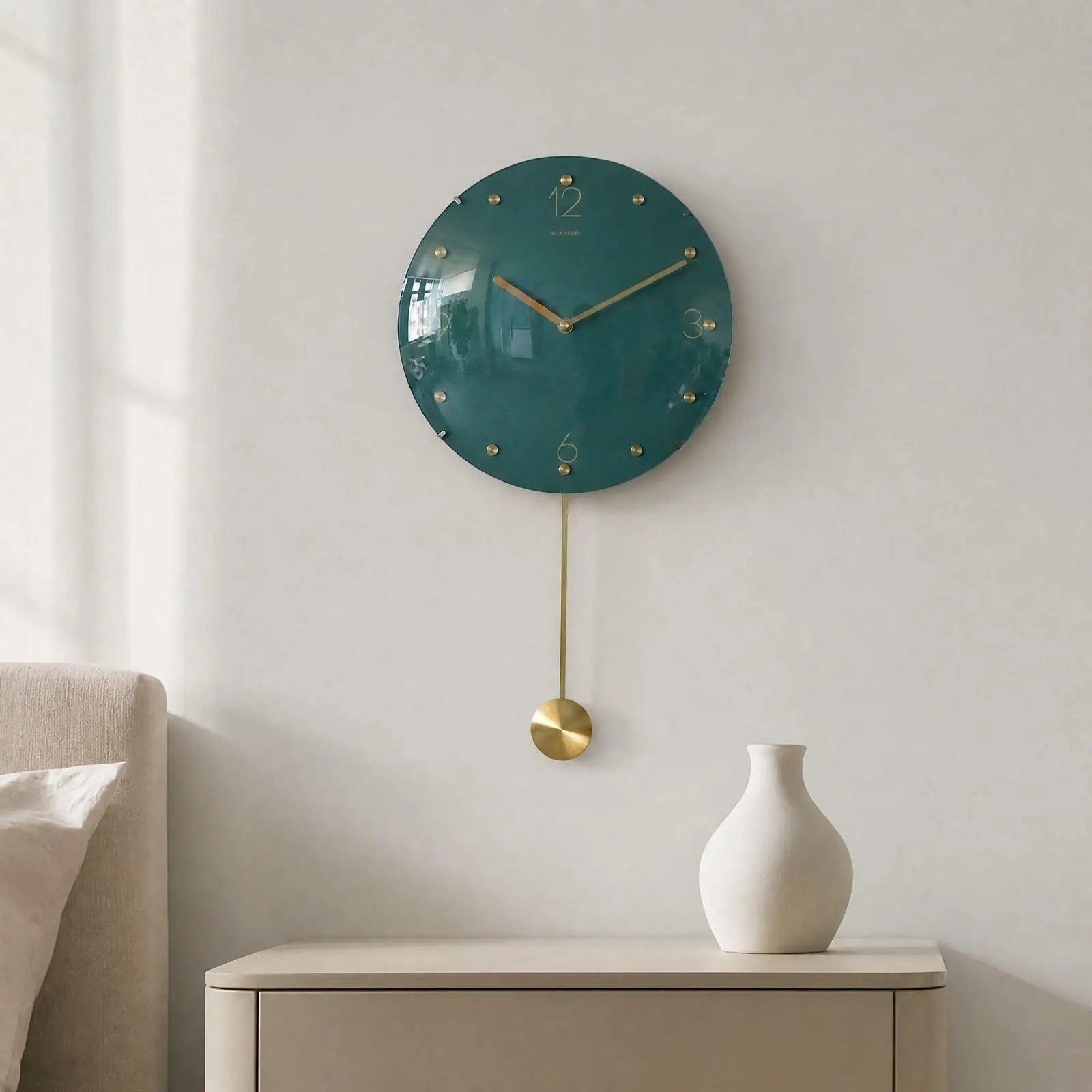 Wall Clock with Glass Front | Silent Sweeping Mechanism Wall Clock with Aluminum Pendulum, Raised Brass Hour Markers, for