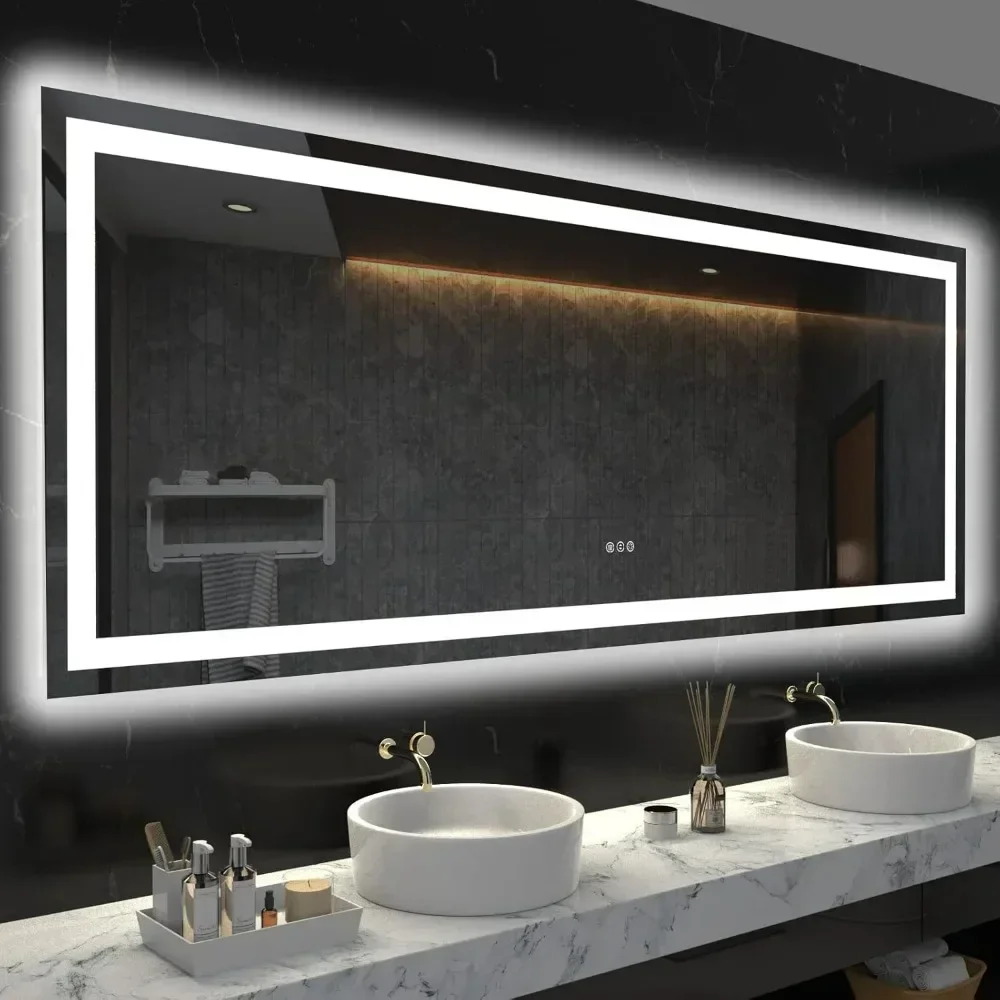 LED Bathroom Mirror with Lights, Anti Fog Dimmable, Lighted Bathroom for Wall, Memory Function, Tempered Glass