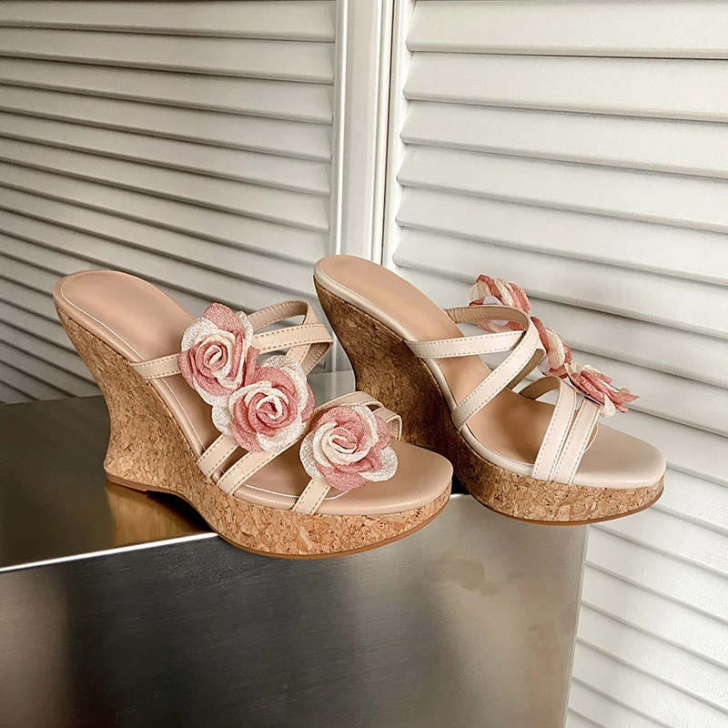 Women’s Wedge Sandals Shoes Thick Platform Heel Flowers Sandals Elegant Lady Summer Apricot High Heel Peep Toe Bohemia Sandals