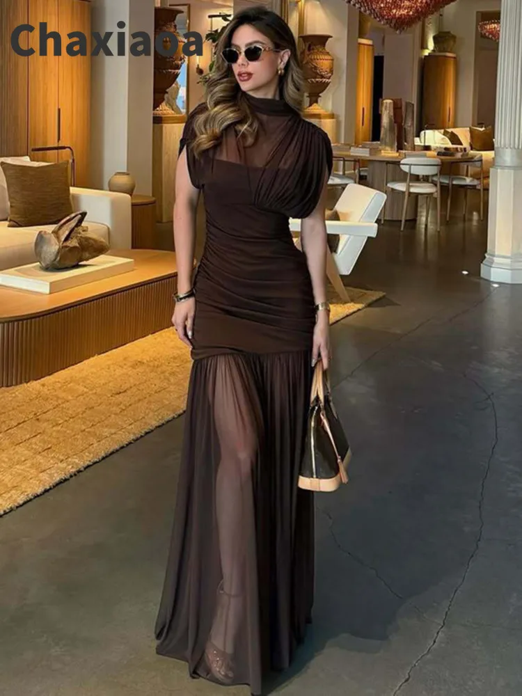 Chaxiaoa Mesh Sleeveless Sexy Maxi Dress Women Gown Elegant Half High Collar High Waist Bodycon Ruched Club Party Long Dresses