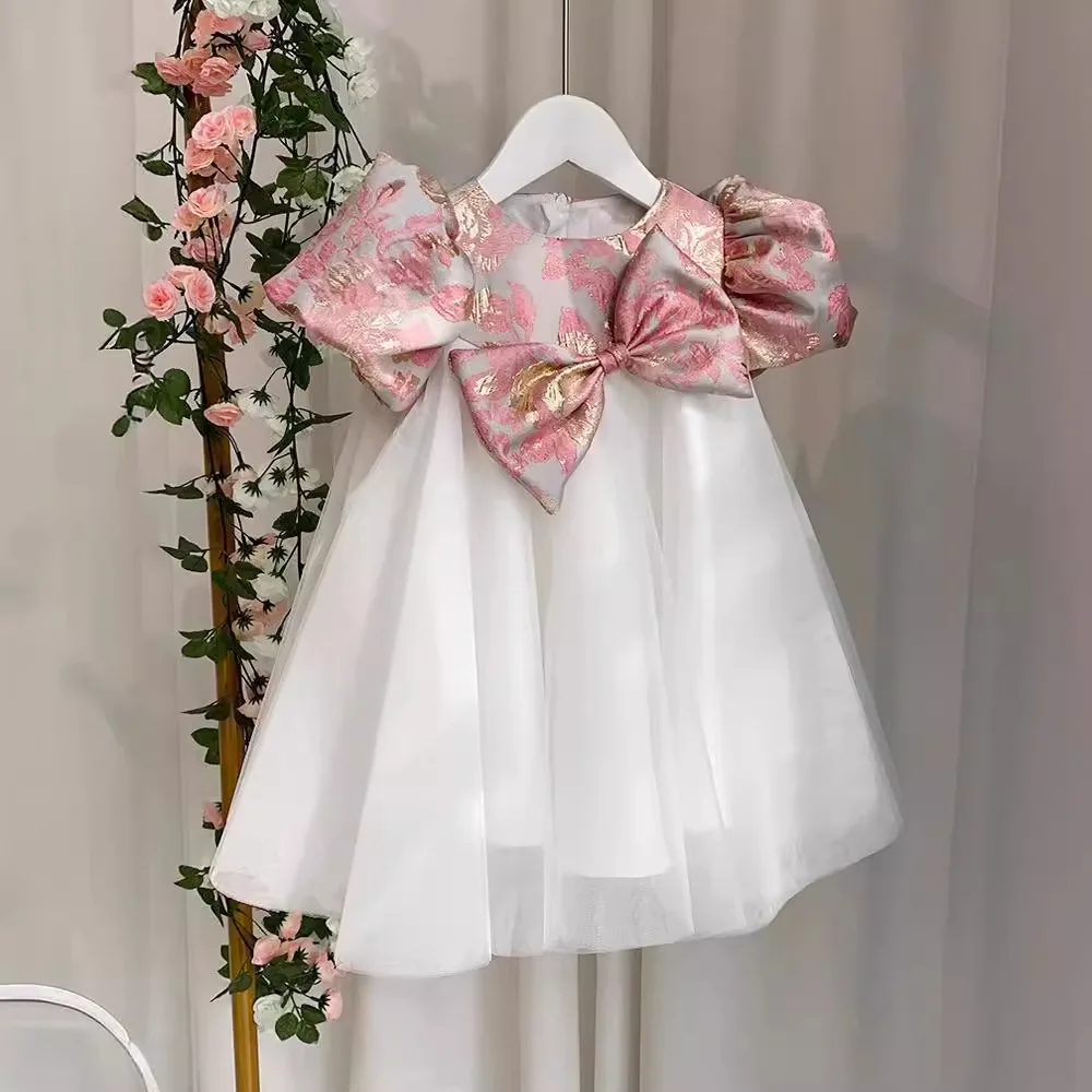 Baby Girls Birthday Baptism Princess Ball Gown Kids Cute Bow Puff Sleeve Fluffy Party Dresses y1186