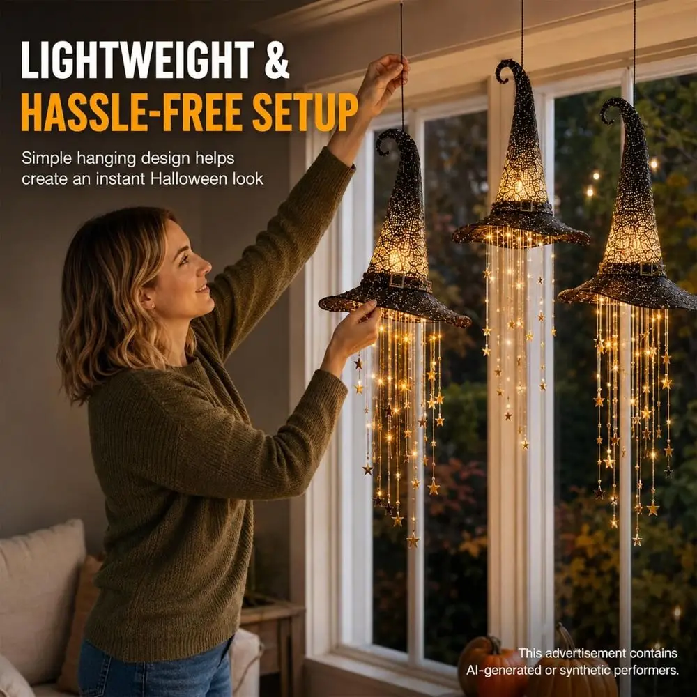 2PCS Lighted Witch Hat Hanging Chime Hanging Design Warm Led Glow Spooky Halloween Decoration Warm LED Lights Witch Hat Light