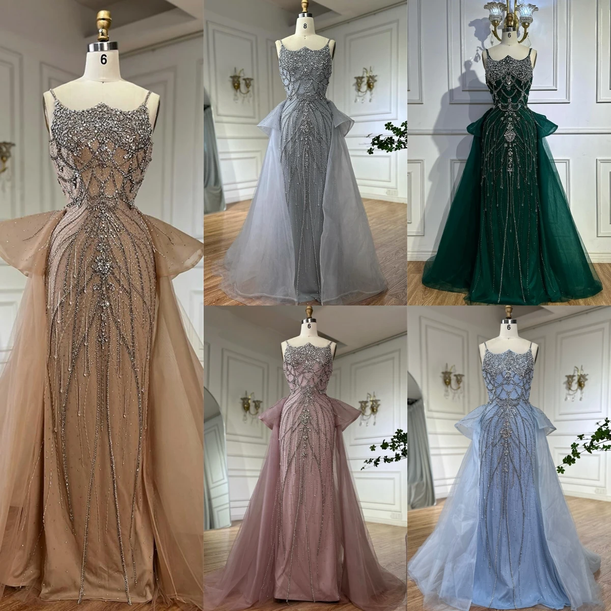 Nude Luxury Beaded Spaghetti Strap Evening Dresses Formal Occasion Party Gown with Overskirt Prom Gowns Customized