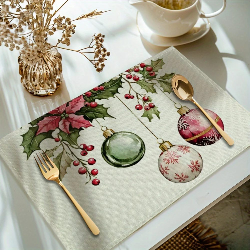Cozy White Background Holly Leaves Red Berries And Colorful Glass Ball Ornaments Print Linen Placemat For Christmas Dining