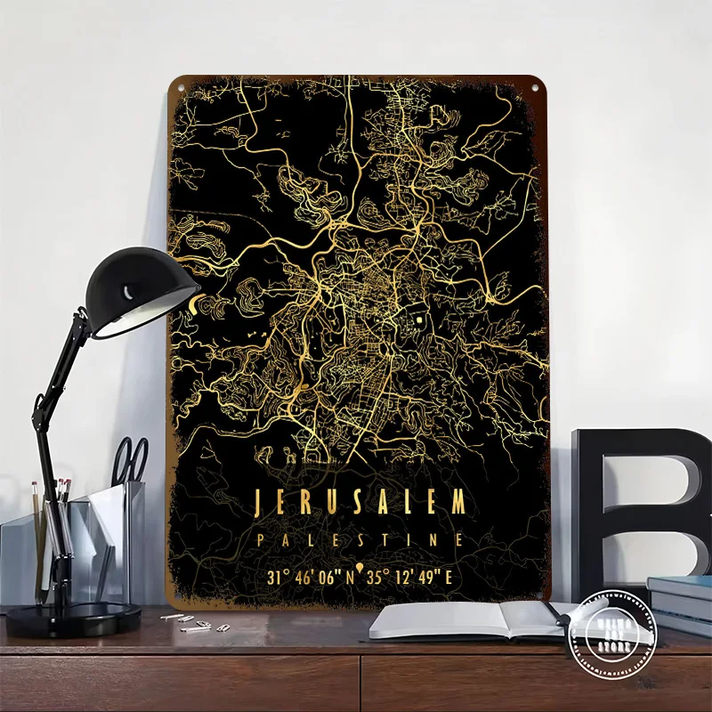 JERUSALEM MAP PALESTINE Poster Retro 3D Printed Metal Signs Customized Wall Hanging Gift for Bedroom Decorations Office Decor