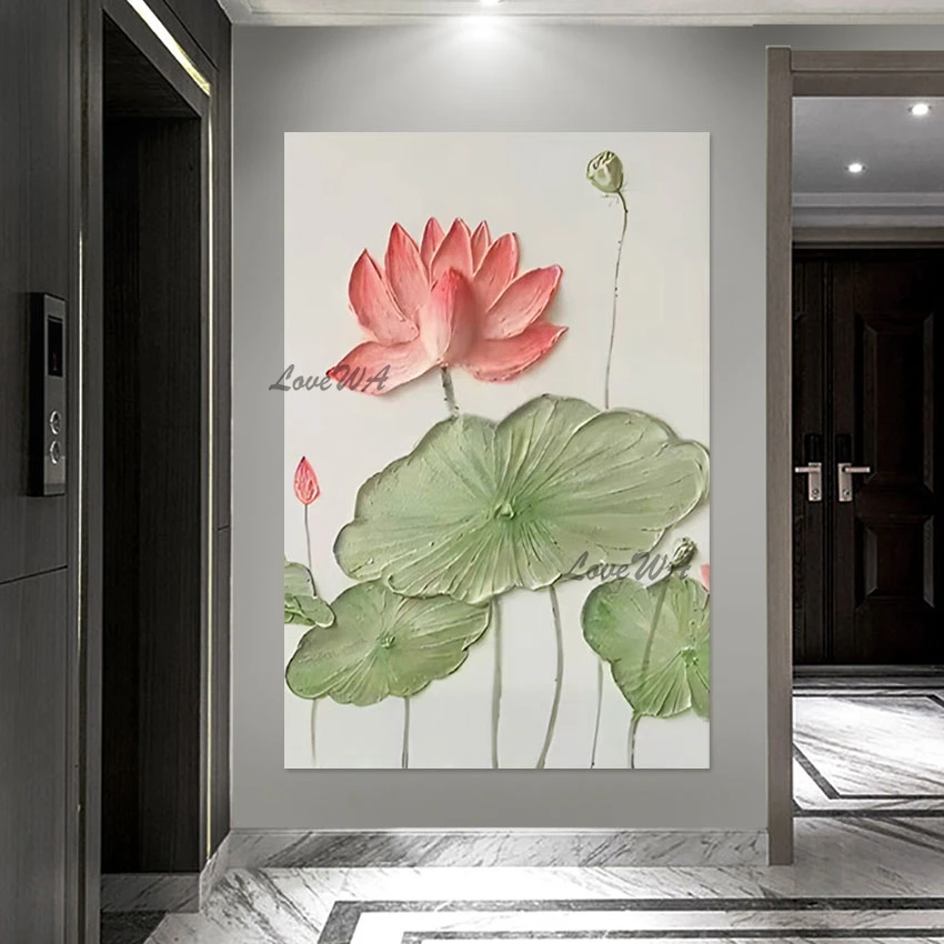 Palette Knife Artwork Beautiful Lotus Flowers Canvas Handmade Oil Painting High Quality Home Decoration Luxury Wall Picture Art