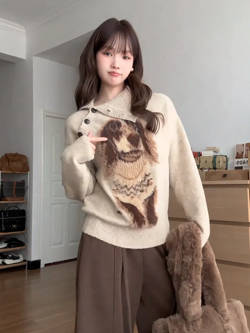 เสื้อสเวตเตอร์ถักลายสุนัขสไตล์เกาหลี ทรงหลวม สวมใส่สบาย เนื้อผ้านุ่ม แขนยาว คอกลม เหมาะสำหรับฤดูใบไม้ร่วงและฤดูหนาว