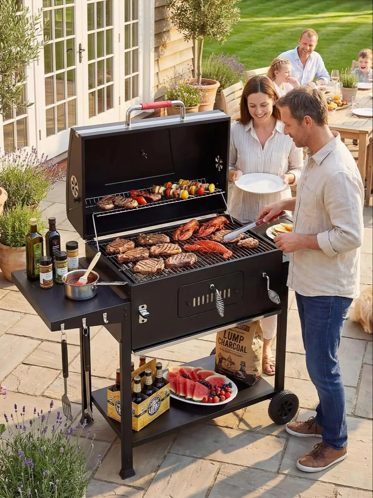 XXL Holzkohle‑Grill mit Deckel, Temperaturanzeige, Mobiler BBQ‑Grill für Garten, Terrasse, Camping‑Grill für Familien‑Grillparty