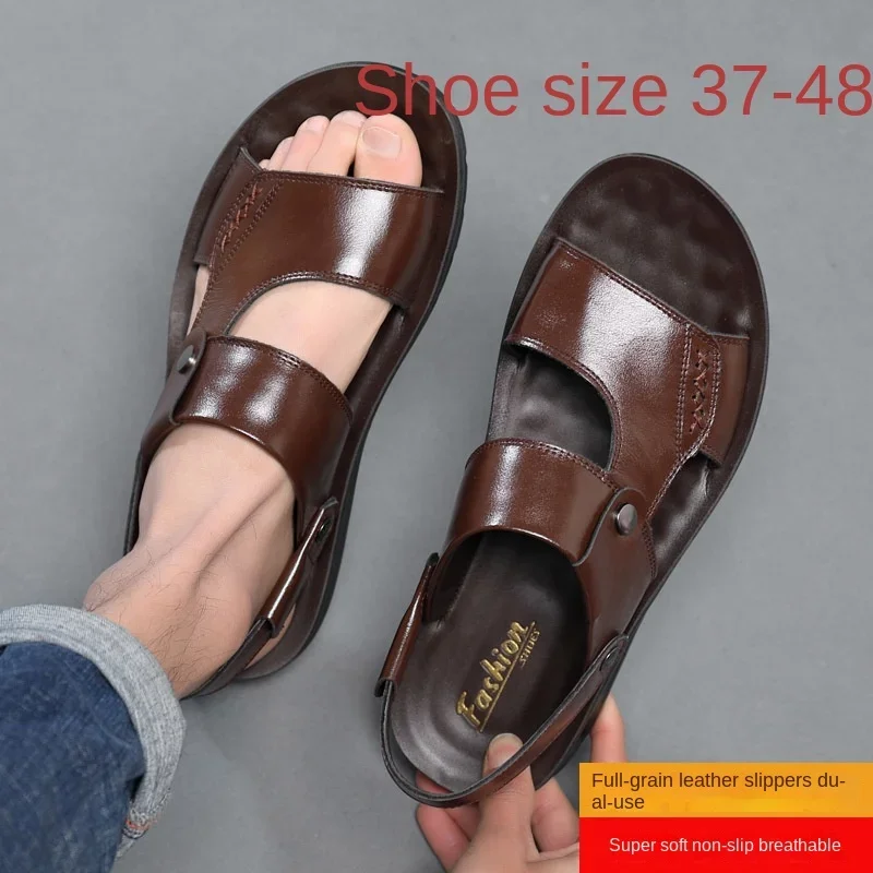 Men's Genuine Leather  Sandals Solid Color Men Summer Shoes Casual Comfortable Open Toe Sandals Soft Beach Shoes Plus Size 45