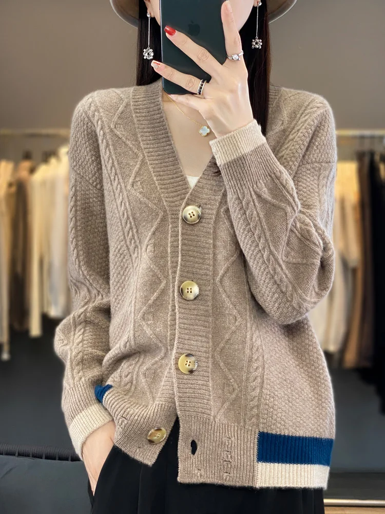 Autumn Winter Women Cashmere Sweater 100% Merino Wool Cardigan Color Match ripped KnitwearV-Neck Soft Casual Top Clothing