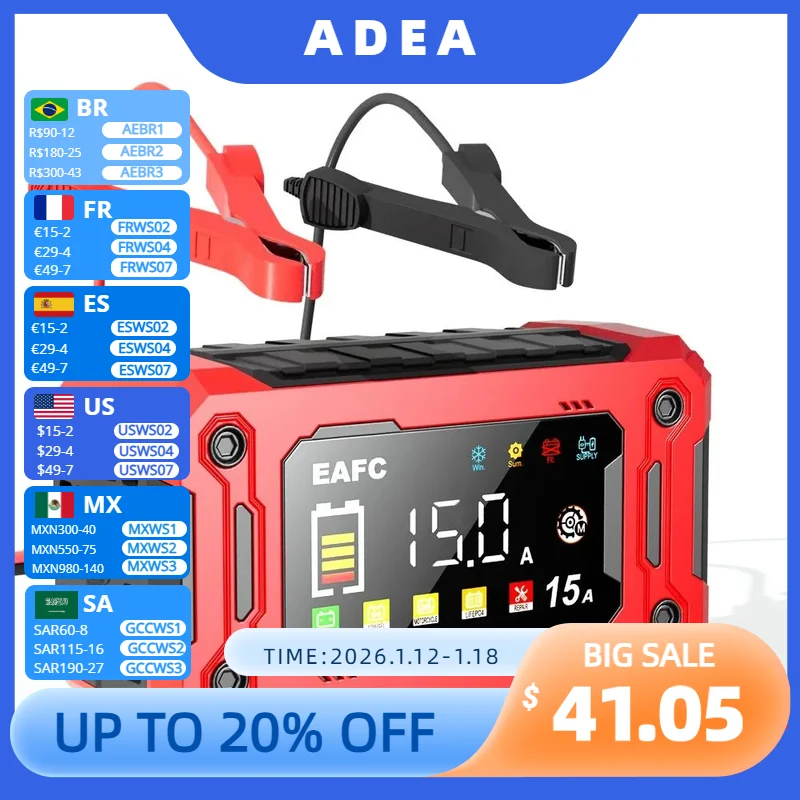 ADEA Newest 12v Car Battery Charger 15a/8a Pulse Repair Large Display Charger For Car Motorcycle Lead Acid Agm Gel Batteries