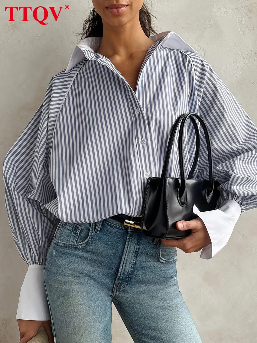 

TTQV Fashion Loose Blue Stripe Women's Blouse 2026 Spring Lapel Long Sleeve Lady Shirt Elegant Patchwork Top Female Clothing